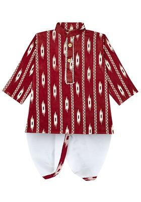 Maroon Printed Blended Kurta Dhoti Set For Boys