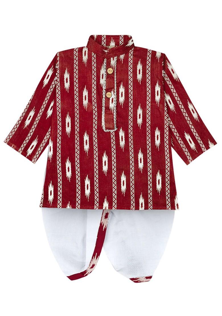 Maroon Printed Blended Kurta Dhoti Set For Boys - Indya