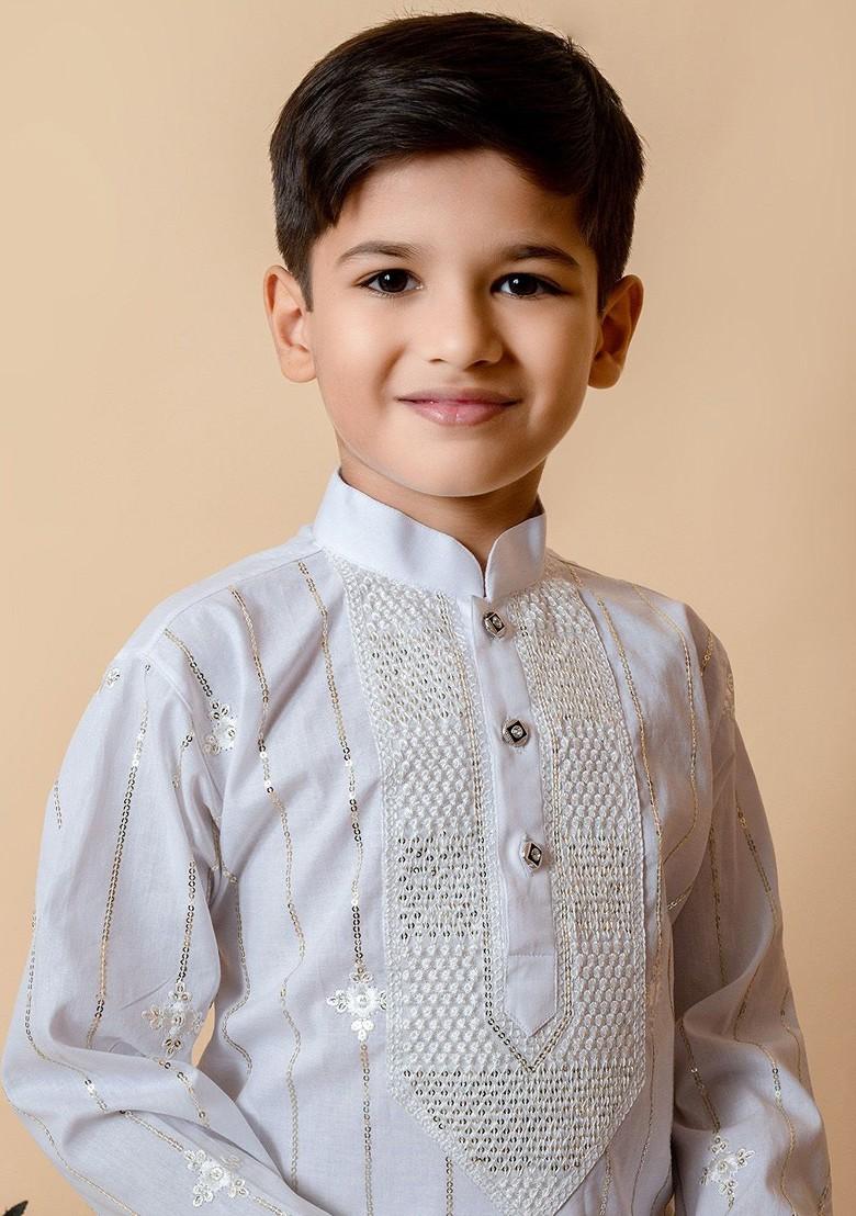White Embroidered Cotton Kurta Set For Boys - Indya