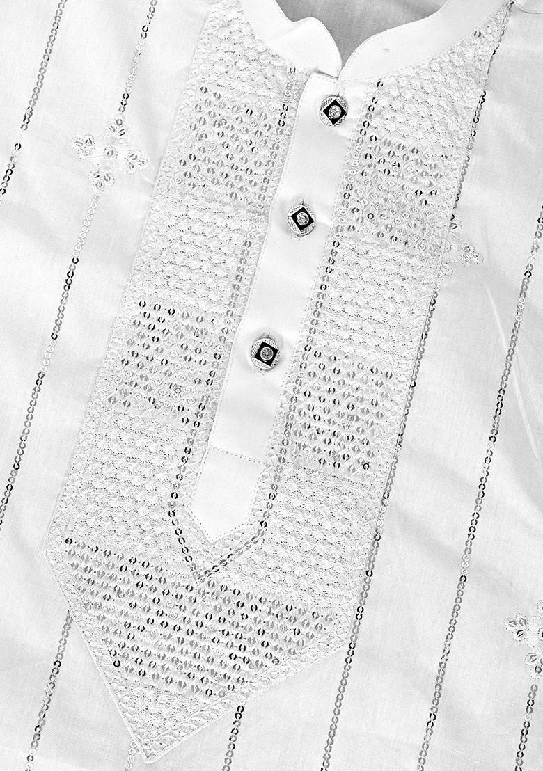 White Embroidered Cotton Kurta Set For Boys - Indya