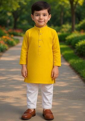 Yellow Solid Cotton Kurta Set For Boys