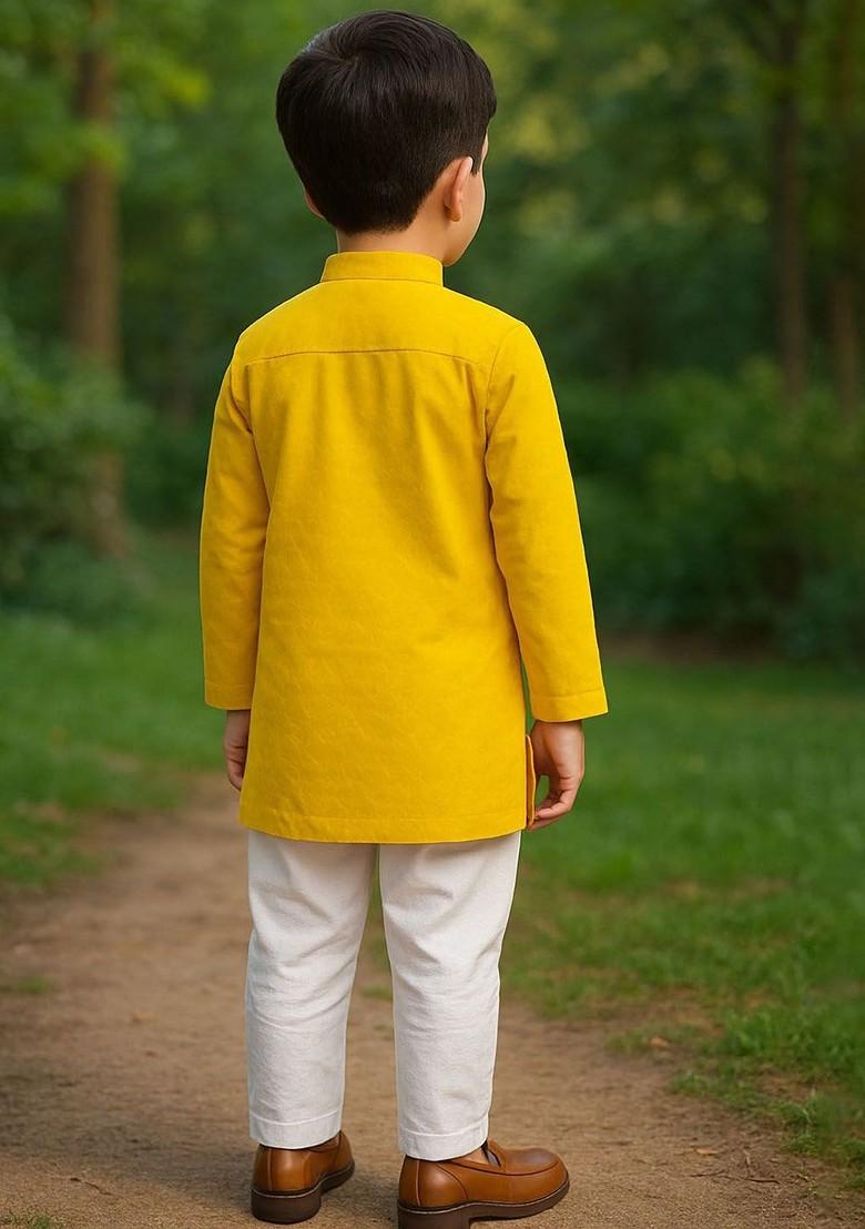 Yellow Solid Cotton Kurta Set For Boys - Indya