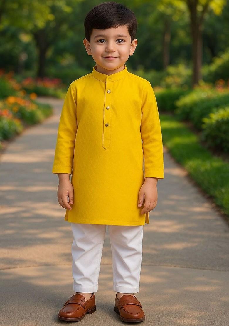 Yellow Solid Cotton Kurta Set For Boys - Indya