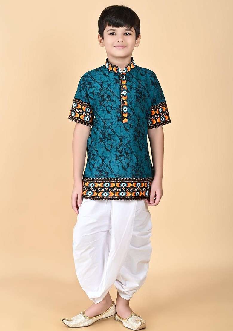 Green Embroidered Cotton Kurta Set For Boys - Indya