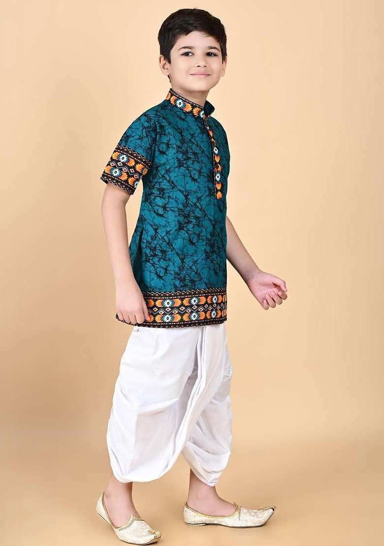Green Embroidered Cotton Kurta Set For Boys - Indya