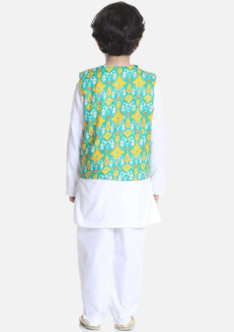 White Embroidered Blended Kurta Set For Boys - Indya