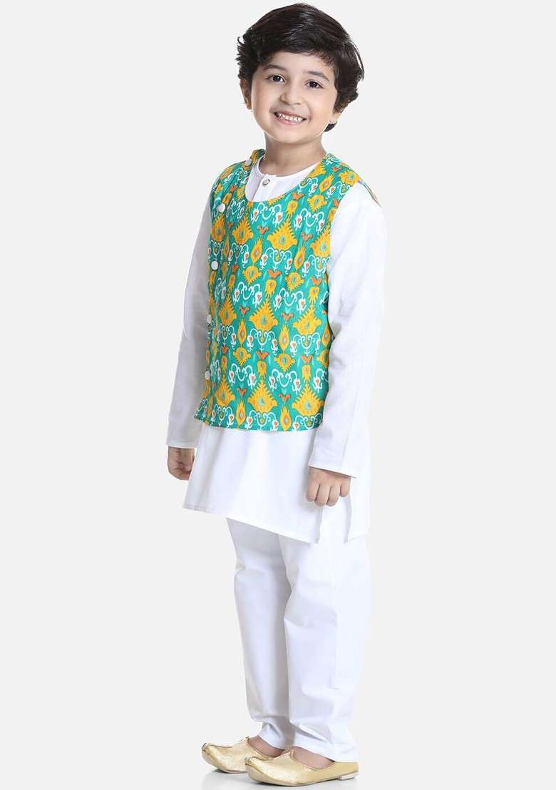 White Embroidered Blended Kurta Set For Boys - Indya