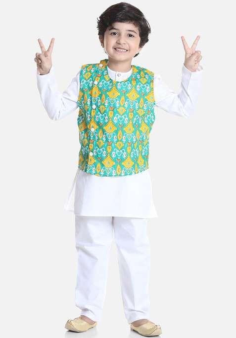 White Embroidered Blended Kurta Set For Boys