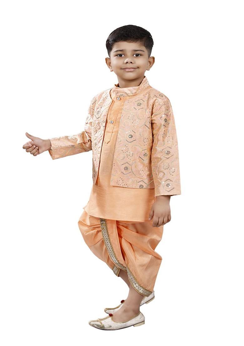 Orange Embroidered Blended Kurta Dhoti Set For Boys - Indya