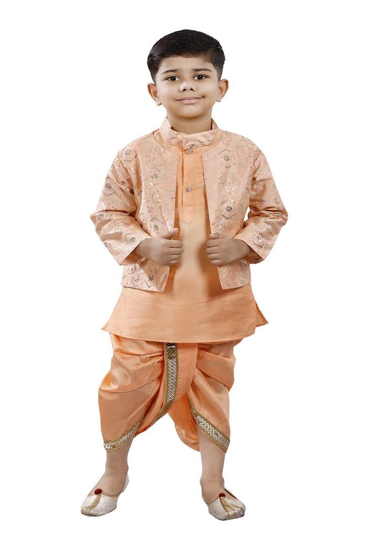 Orange Embroidered Blended Kurta Dhoti Set For Boys - Indya