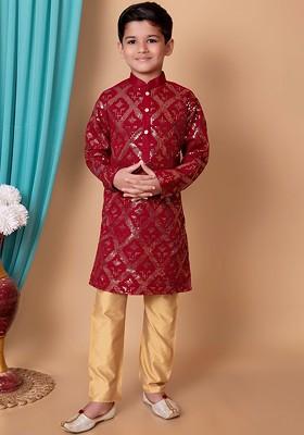 Maroon Embroidered Silk Kurta Set For Boys