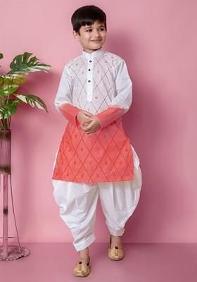 Orange Embroidered Cotton Kurta Set For Boys