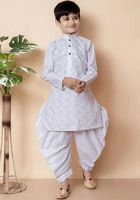 White Embroidered Cotton Kurta Set For Boys