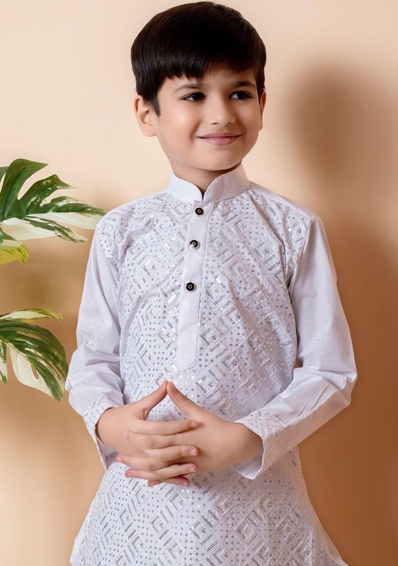 White Embroidered Cotton Kurta Set For Boys - Indya