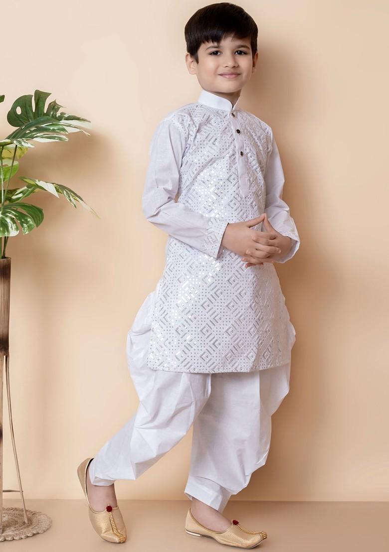 White Embroidered Cotton Kurta Set For Boys - Indya
