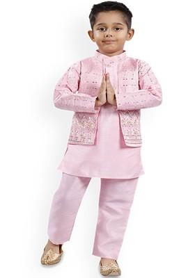 Pink Embroidered Blended Kurta Set For Boys