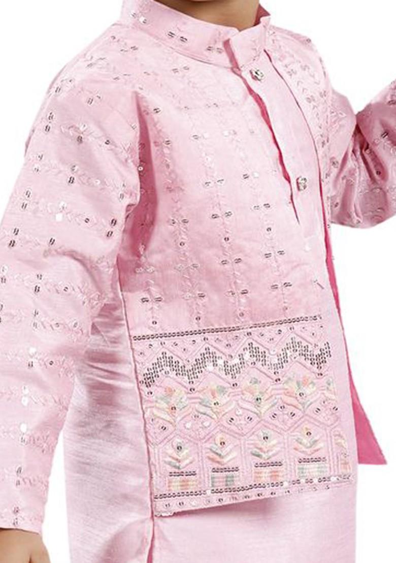 Pink Embroidered Blended Kurta Set For Boys - Indya