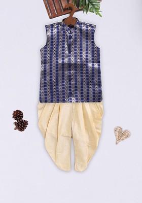 Navy Blue Woven Design Blended Kurta Dhoti Set For Boys