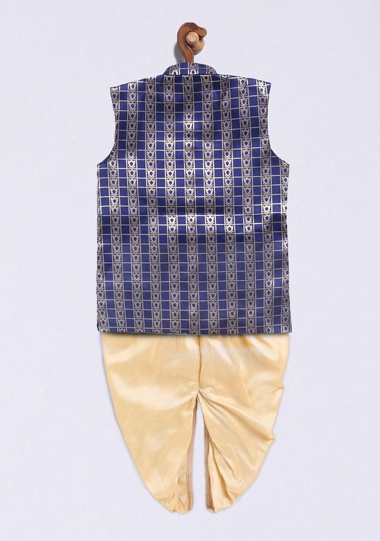 Navy Blue Woven Design Blended Kurta Dhoti Set For Boys - Indya