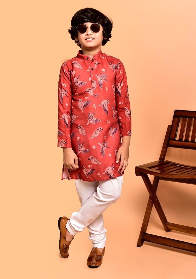 Red Printed Blended Kurta Set For Boys - Indya