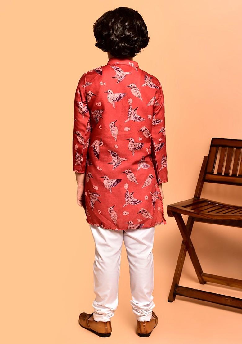 Red Printed Blended Kurta Set For Boys - Indya