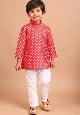 Red Printed Blended Kurta Set For Boys