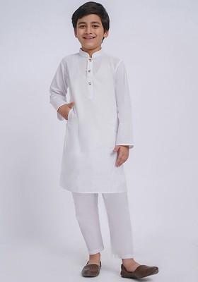 White Embroidered Cotton Kurta Set For Boys