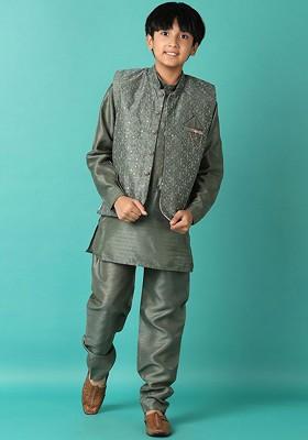 Green Embroidered Cotton Nehru Jacket Set For Boys