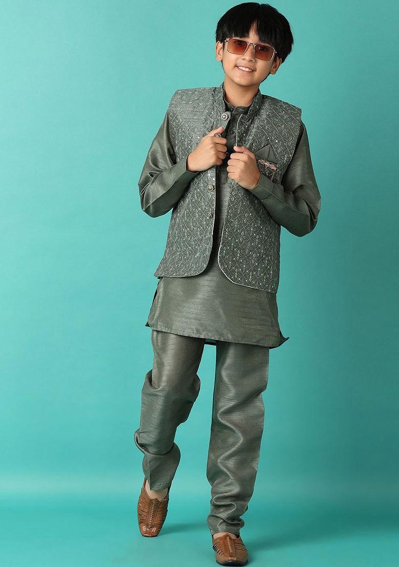 Green Embroidered Cotton Nehru Jacket Set For Boys - Indya