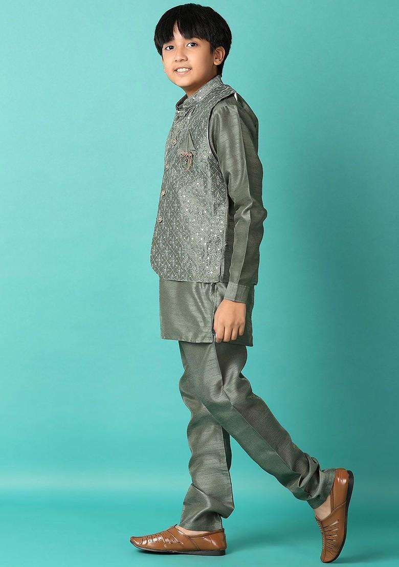 Green Embroidered Cotton Nehru Jacket Set For Boys - Indya