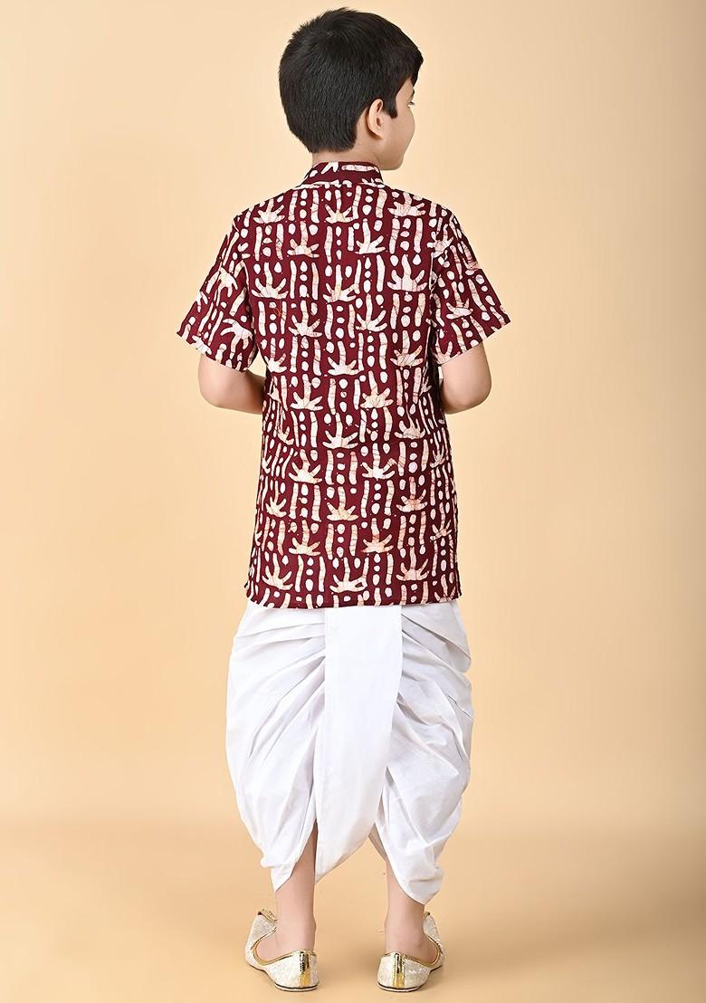 Maroon Printed Cotton Kurta Dhoti Set For Boys - Indya