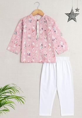 Pink Printed Cotton Kurta Set For Boys