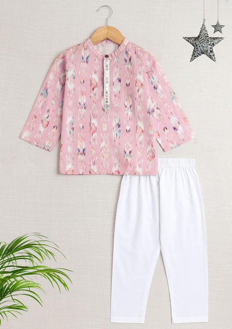 Pink Printed Cotton Kurta Set For Boys - Indya