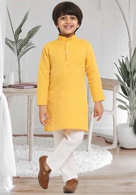 Yellow Yoke Design Blended Kurta Set For Boys