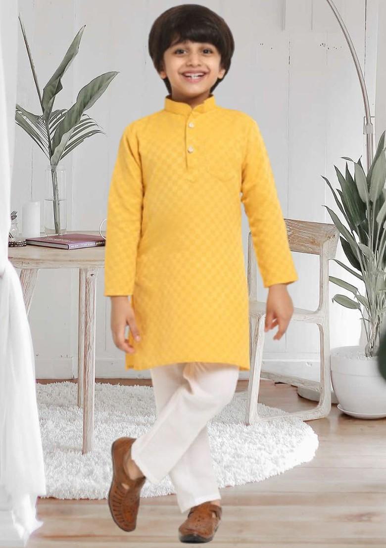 Yellow Yoke Design Blended Kurta Set For Boys - Indya