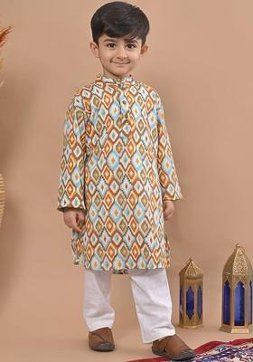 Brown Printed Cotton Kurta Set For Boys