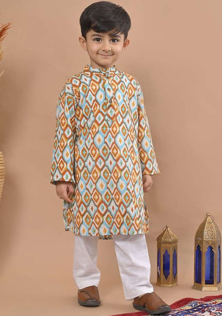 Brown Printed Cotton Kurta Set For Boys - Indya