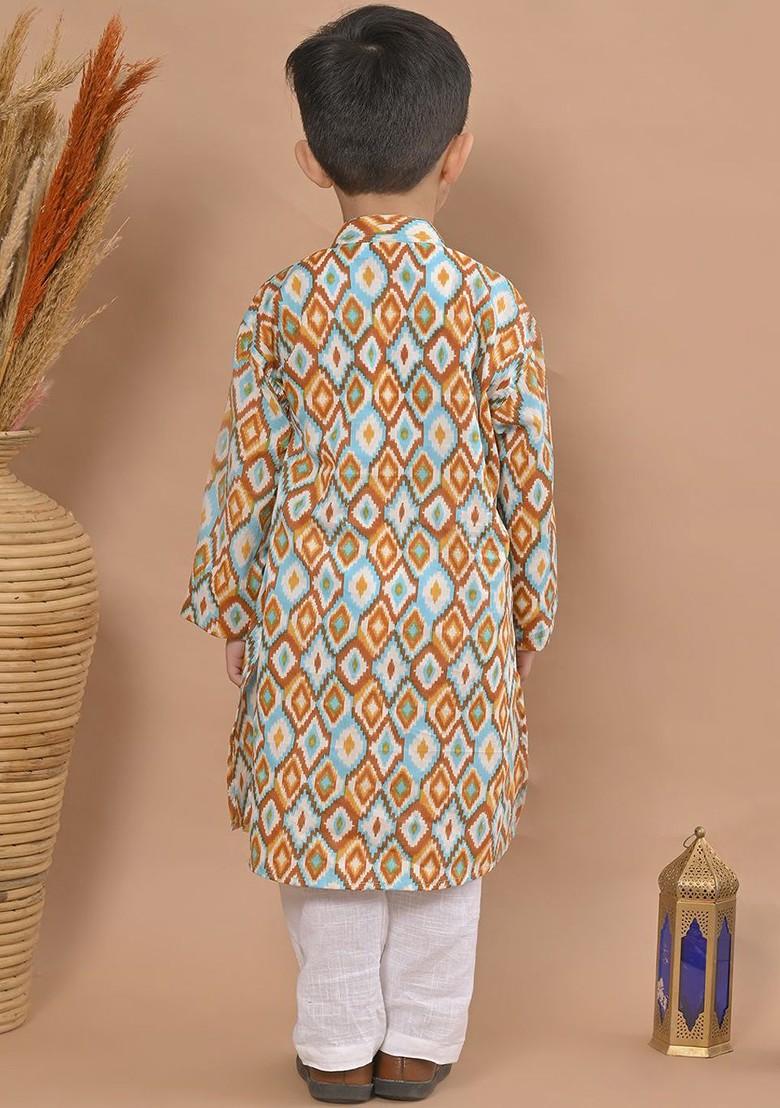 Brown Printed Cotton Kurta Set For Boys - Indya