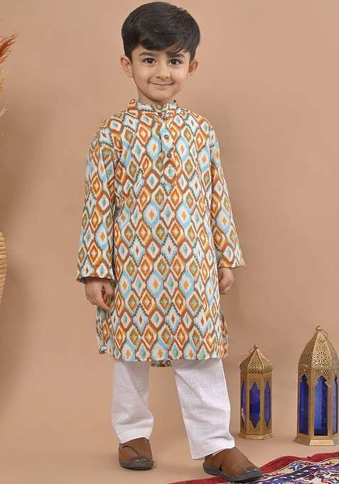Brown Printed Cotton Kurta Set For Boys