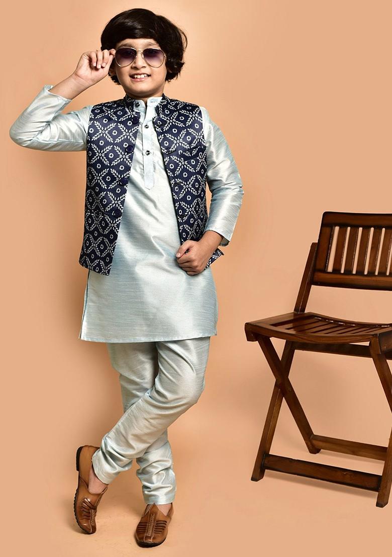 Blue Printed Blended Nehru Jacket Set For Boys - Indya