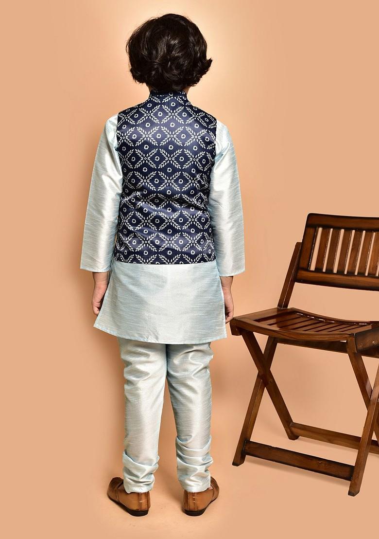 Blue Printed Blended Nehru Jacket Set For Boys - Indya