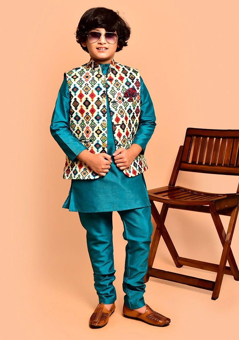 Blue Embroidered Blended Nehru Jacket Set For Boys - Indya