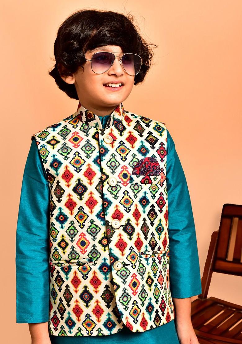Blue Embroidered Blended Nehru Jacket Set For Boys - Indya