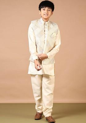 Beige Embroidered Blended Nehru Jacket Set For Boys
