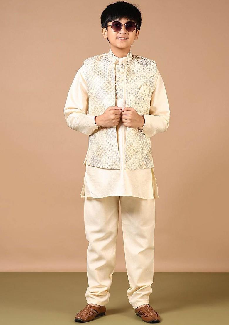Beige Embroidered Blended Nehru Jacket Set For Boys - Indya