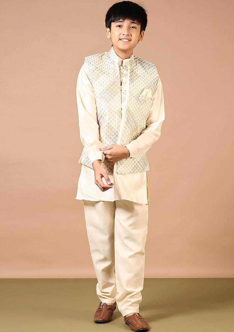 Beige Embroidered Blended Nehru Jacket Set For Boys - Indya
