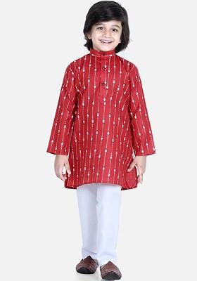 Red Printed Cotton Kurta Set For Boys