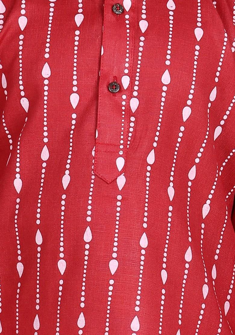 Red Printed Cotton Kurta Set For Boys - Indya