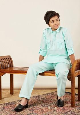 Blue Solid Blended Kurta Set For Boys