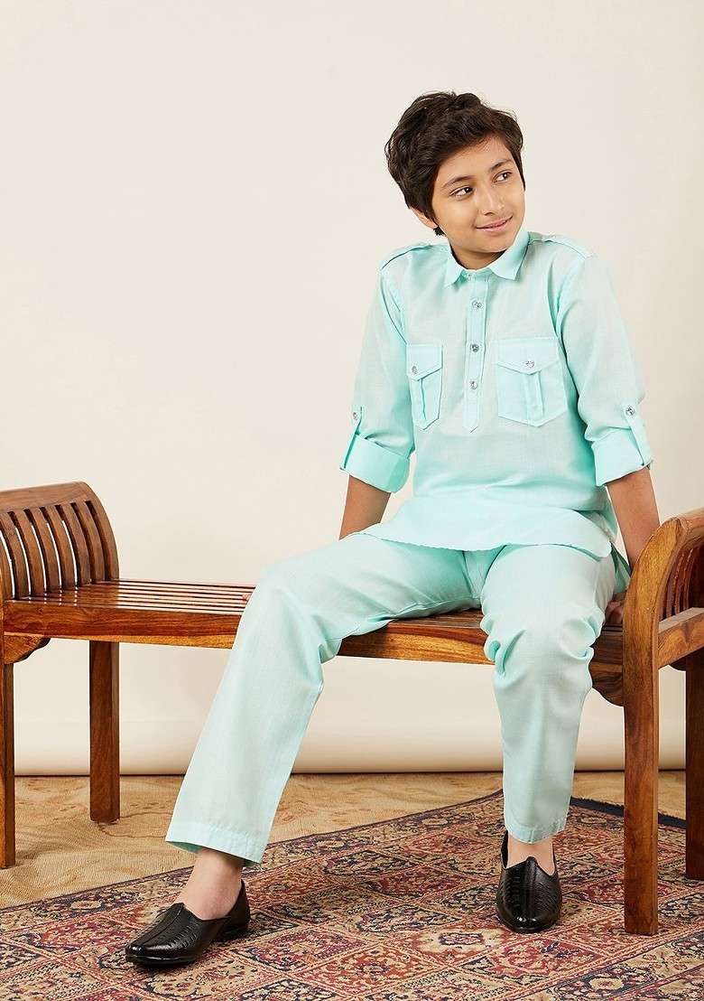 Blue Solid Blended Kurta Set For Boys - Indya